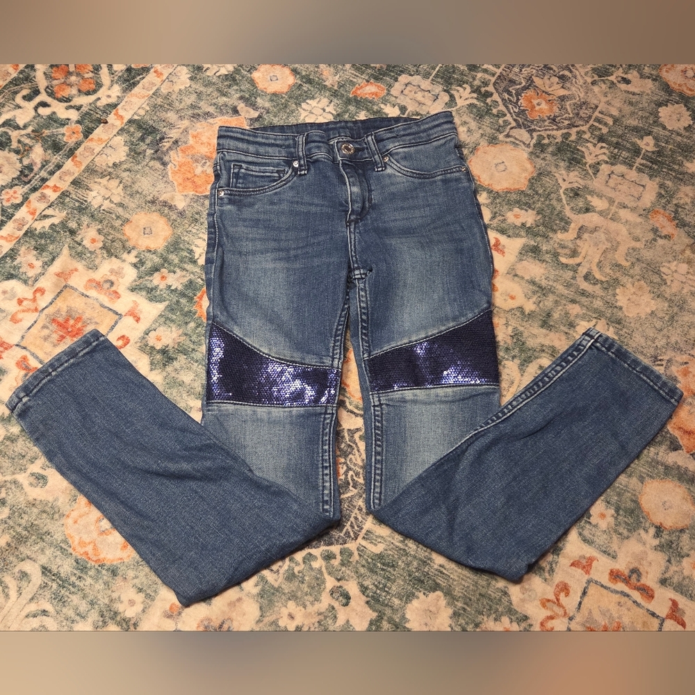 H&M Girls Denim Skinny Jeans with Blue Sequin Accents